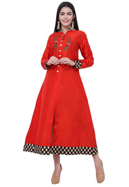 Embroidered Dupion Silk A Line Kurta Set in Red