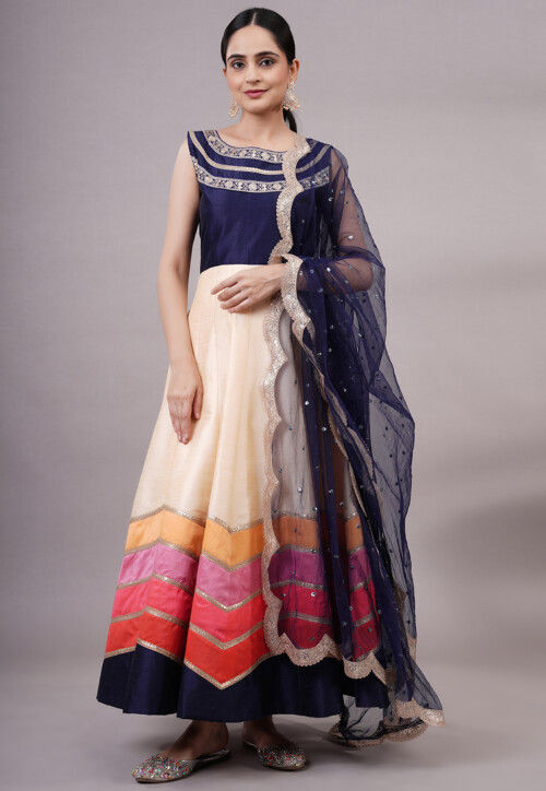 Embroidered Dupion Silk Abaya Style Suit in Off White and Multicolor