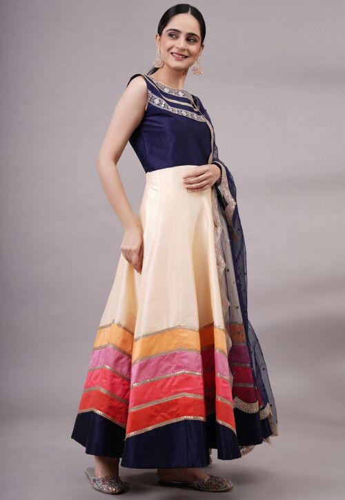 Embroidered Dupion Silk Abaya Style Suit in Off White and Multicolor