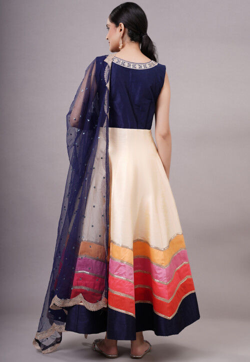 Embroidered Dupion Silk Abaya Style Suit in Off White and Multicolor