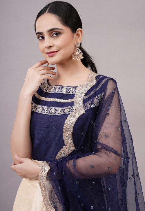 Embroidered Dupion Silk Abaya Style Suit in Off White and Multicolor