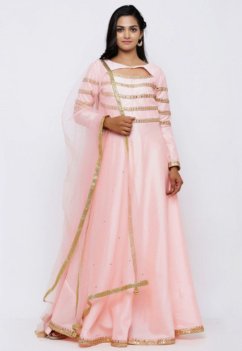 Embroidered Dupion Silk Abaya Style Suit in Peach