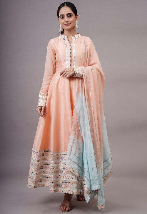Embroidered Dupion Silk Abaya Style Suit in Peach