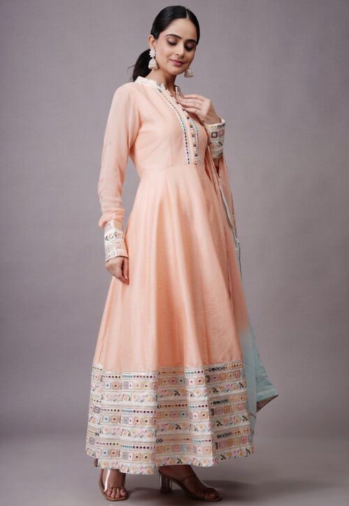 Embroidered Dupion Silk Abaya Style Suit in Peach