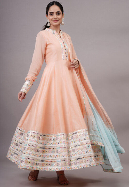 Embroidered Dupion Silk Abaya Style Suit in Peach