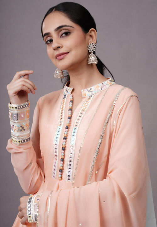 Embroidered Dupion Silk Abaya Style Suit in Peach