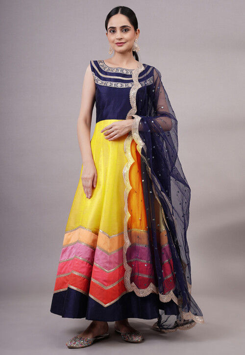 Embroidered Dupion Silk Abaya Style Suit in Yellow