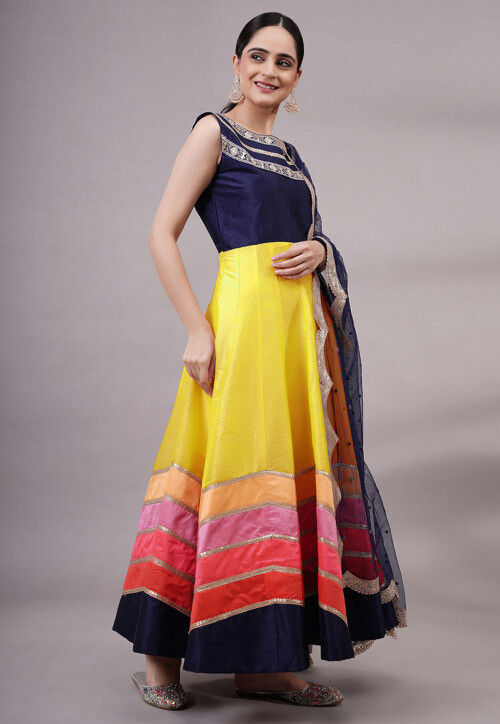 Embroidered Dupion Silk Abaya Style Suit in Yellow