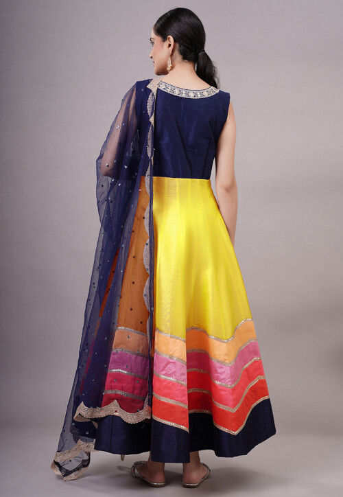 Embroidered Dupion Silk Abaya Style Suit in Yellow