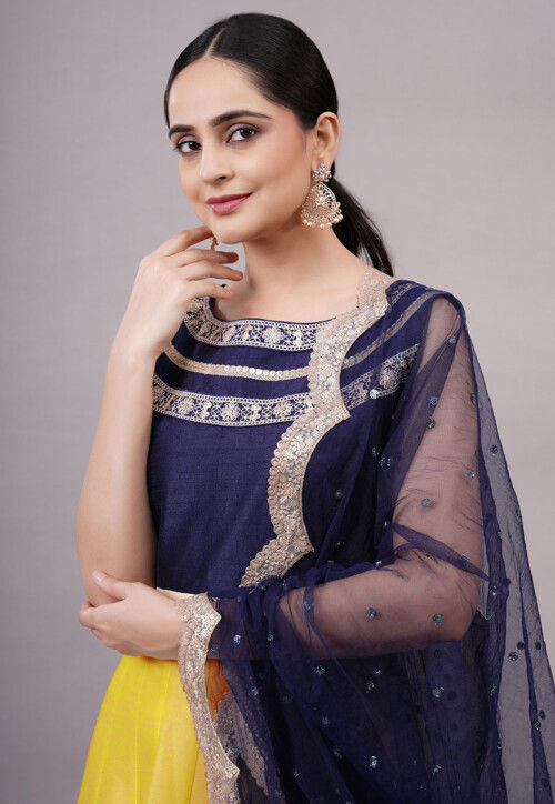 Embroidered Dupion Silk Abaya Style Suit in Yellow