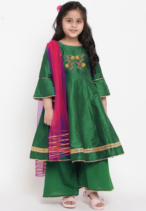 Embroidered Dupion Silk Anarkali Suit in Dark Green