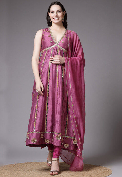 Embroidered Dupion Silk Anarkali Suit in Old Rose