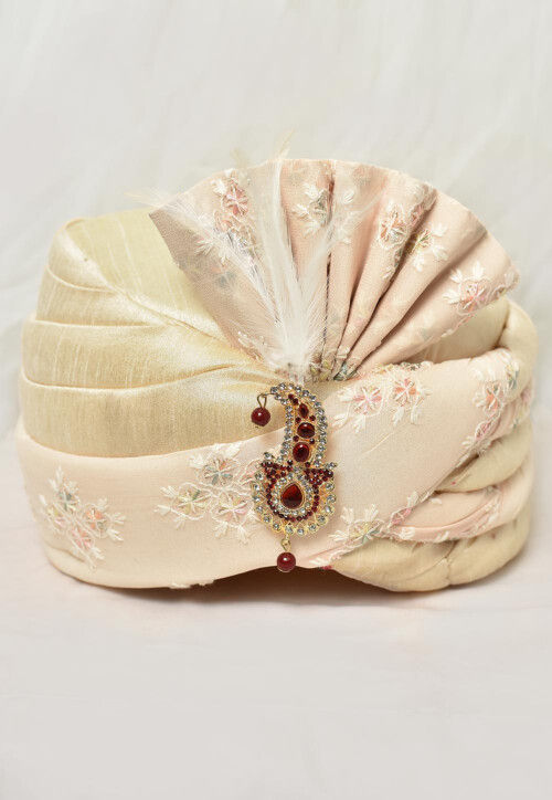 Embroidered Dupion Silk and Georgette Turban in Beige