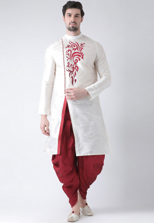Embroidered Dupion Silk Angrakha Kurta Set in White