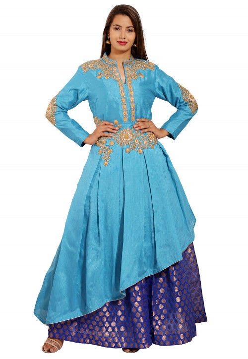 Embroidered Dupion Silk Asymmetric Kurta Set in Light Blue