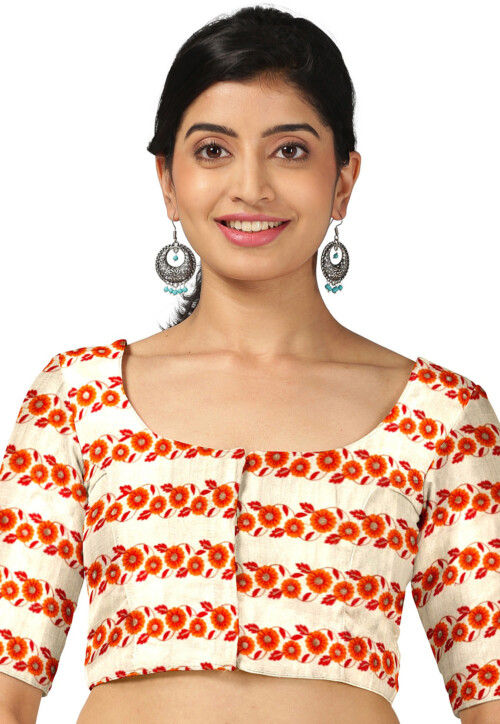 Embroidered Dupion Silk Blouse in Beige