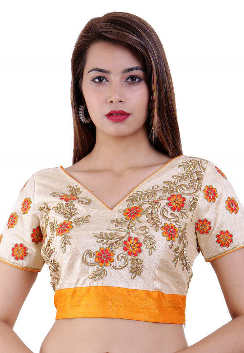 Embroidered Dupion Silk Blouse in Beige