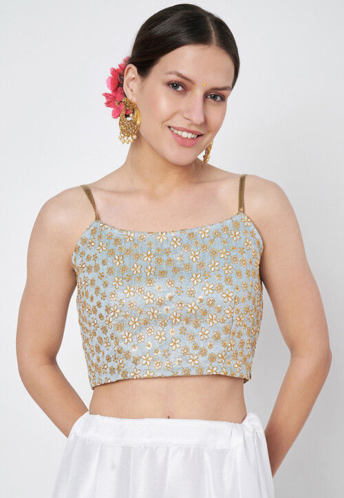 Embroidered Dupion Silk Blouse in Dusty Blue