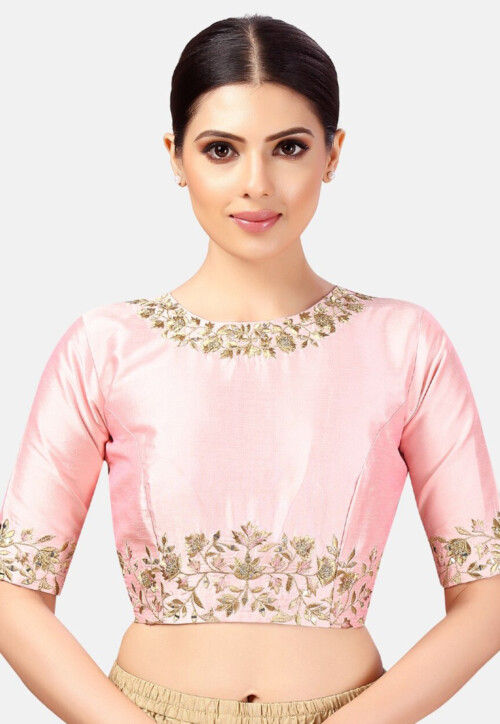 Embroidered Dupion Silk Blouse in Pink