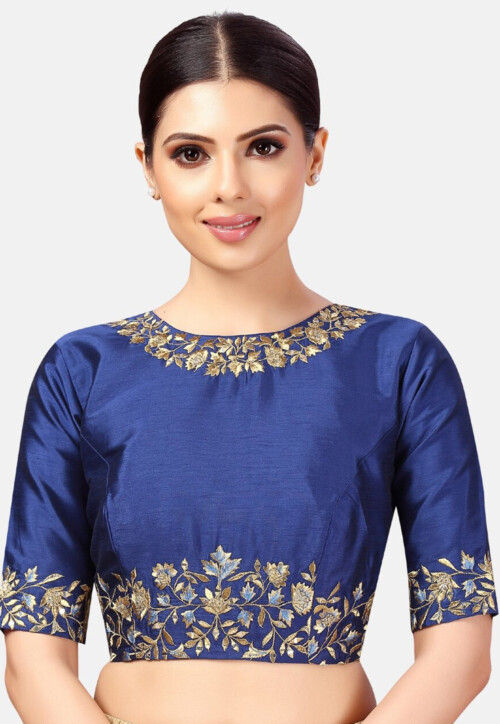 Embroidered Dupion Silk Blouse in Royal Blue