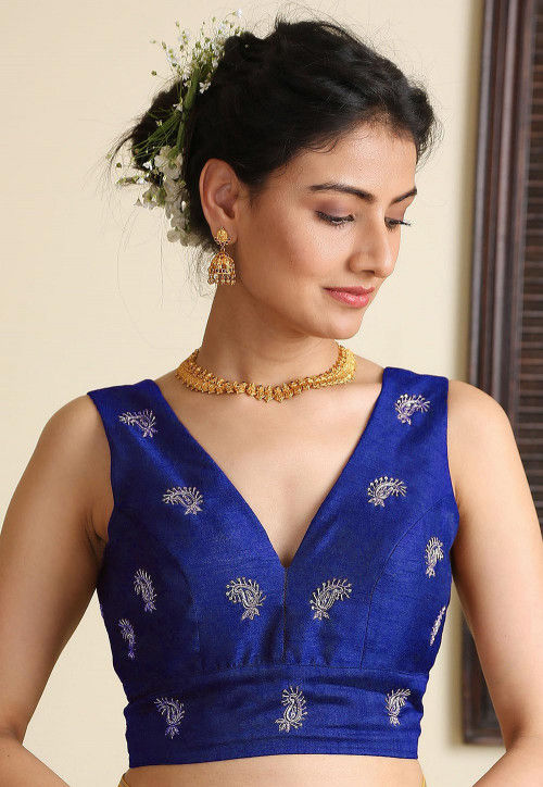 Embroidered Dupion Silk Blouse in Royal Blue