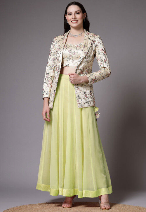 Embroidered Dupion Silk Crop Top Jacket Set in Light Green and Beige