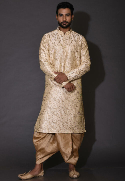 Embroidered Dupion Silk Dhoti Kurta in Beige