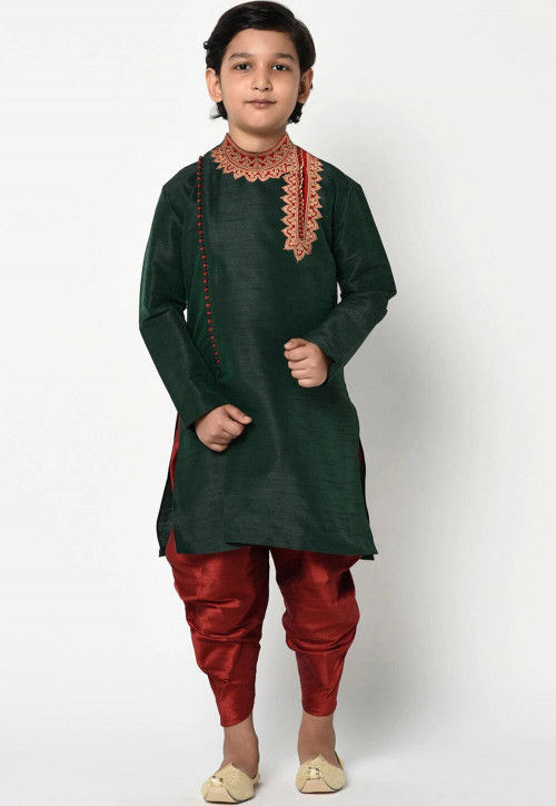 Embroidered Dupion Silk Dhoti Kurta in Dark Green
