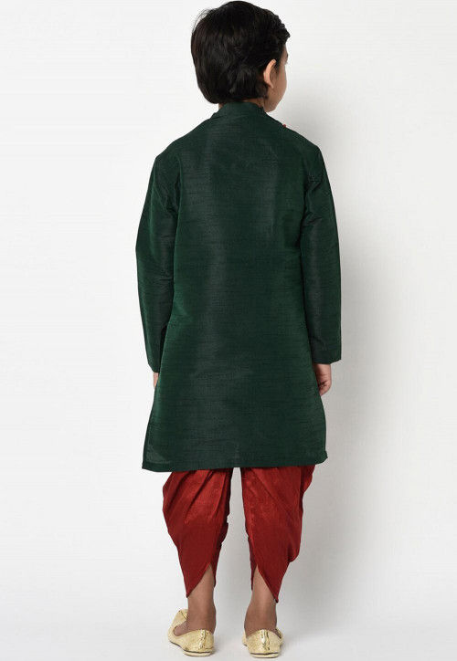 Embroidered Dupion Silk Dhoti Kurta in Dark Green