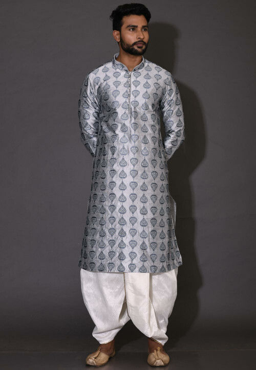 Embroidered Dupion Silk Dhoti Kurta in Grey