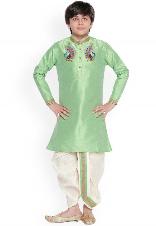 Embroidered Dupion Silk Dhoti Kurta in Light Green