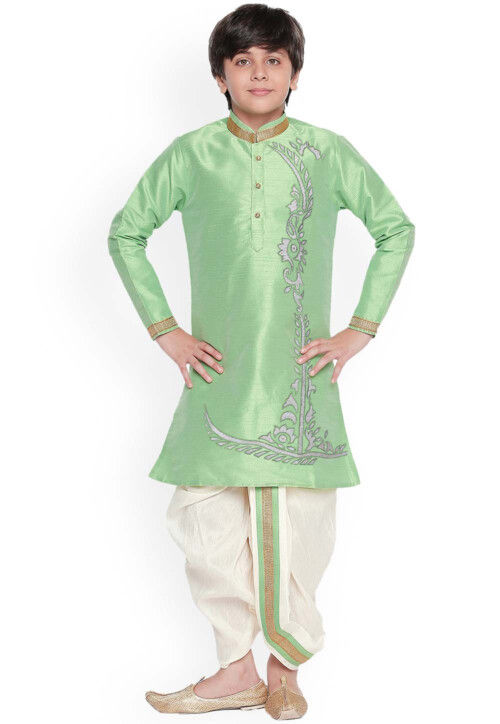 Embroidered Dupion Silk Dhoti Kurta in Light Green