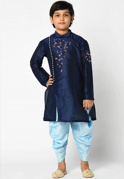 Traditional Men's Wear Black And Royal Blue Dupion Silk Dhoti Kurta Set 