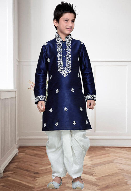 Embroidered Dupion Silk Dhoti Kurta in Navy Blue
