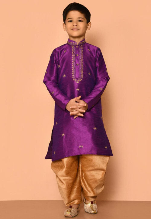 Embroidered Dupion Silk Dhoti Kurta in Purple