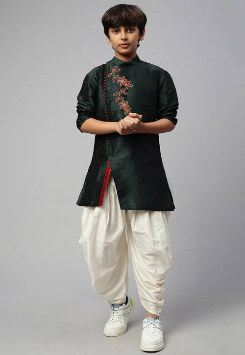 Buy Embroidered Dupion Silk Dhoti Kurta Set in Dark Green Online UGN76 Utsav Fashion