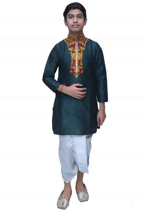 Embroidered Dupion Silk Dhoti Kurta Set in Dark Green