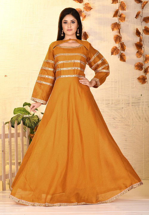Embroidered Dupion Silk Gown in Mustard