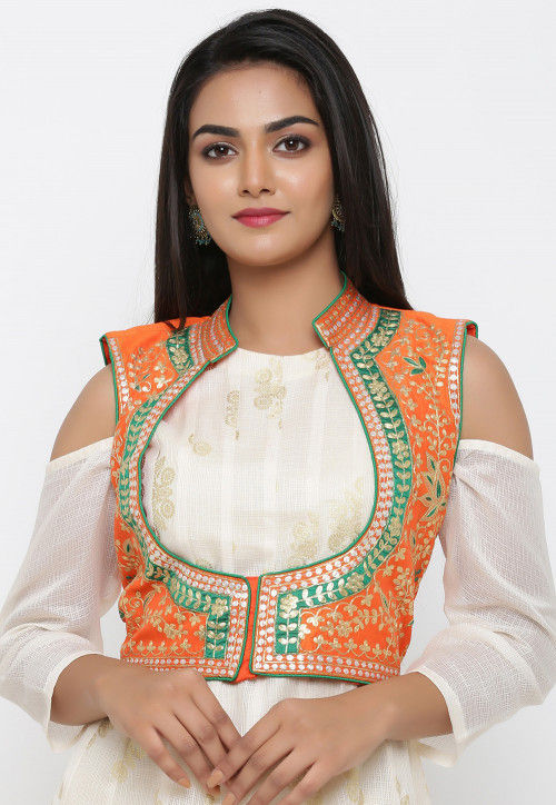 Embroidered Dupion Silk Jacket in Orange