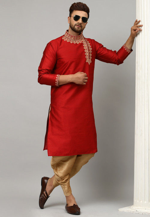 Buy Embroidered Dupion Silk Jacquard Dhoti Kurta in Red Online MVE1690 Utsav Fashion
