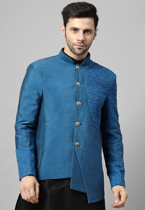 Embroidered Dupion Silk Jodhpuri Jacket in Blue