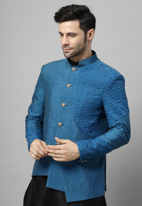 Embroidered Dupion Silk Jodhpuri Jacket in Blue