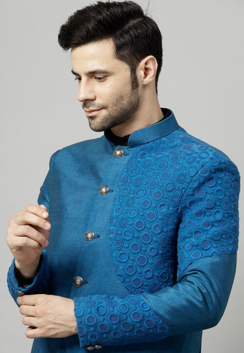 Embroidered Dupion Silk Jodhpuri Jacket in Blue