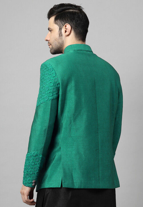 Embroidered Dupion Silk Jodhpuri Jacket in Teal Green