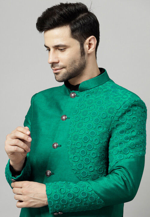 Embroidered Dupion Silk Jodhpuri Jacket in Teal Green