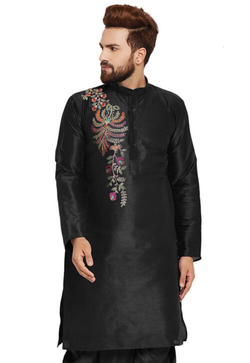 Embroidered Dupion Silk Kurta in Black