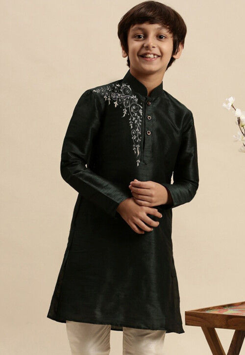 Embroidered Dupion Silk Kurta in Black