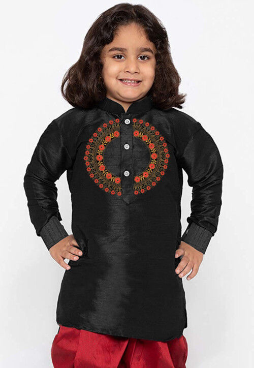 Embroidered Dupion Silk Kurta in Black