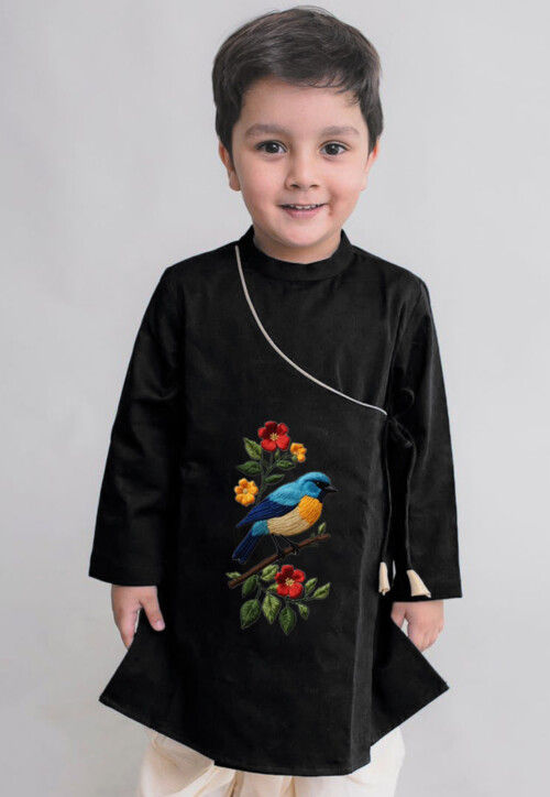 Embroidered Dupion Silk Kurta in Black