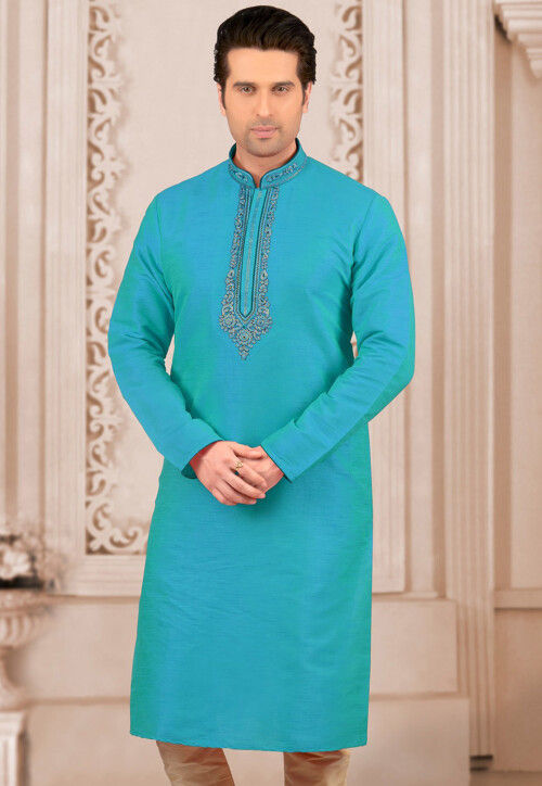 Embroidered Dupion Silk Kurta in Blue